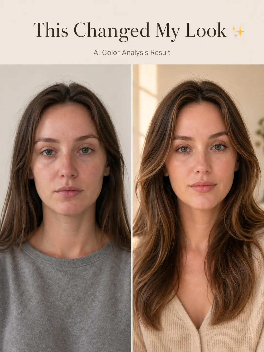 Before and after AI color analysis showing what colors suit a woman's face and improve her overall look