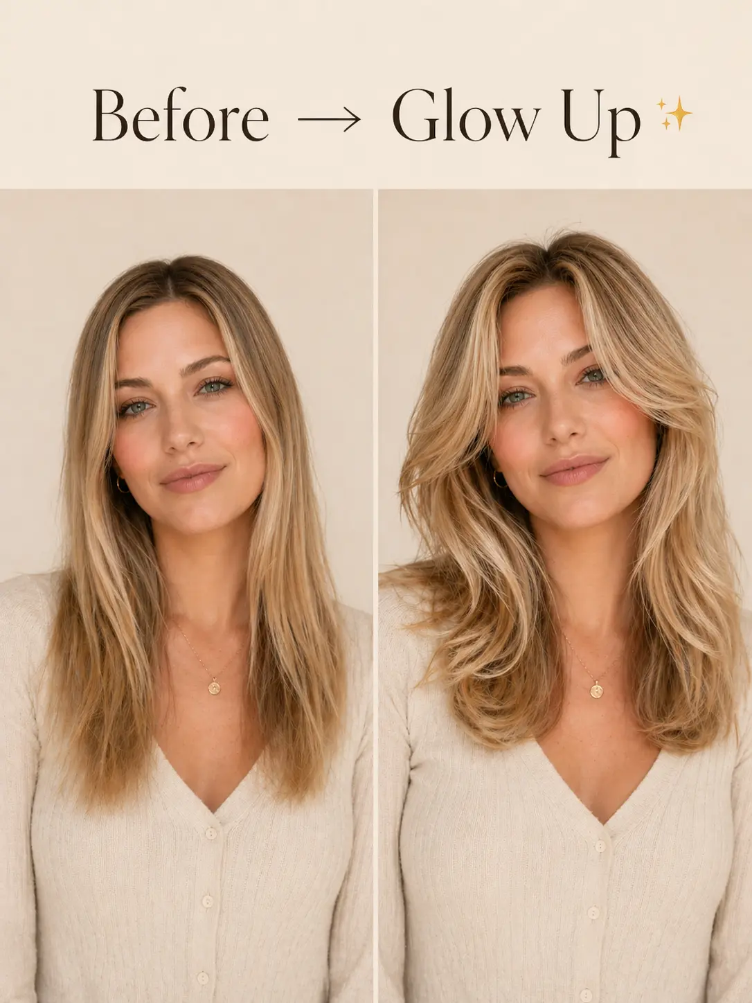 Antes e depois de transformação de penteado com corte mais favorável para a mesma pessoa