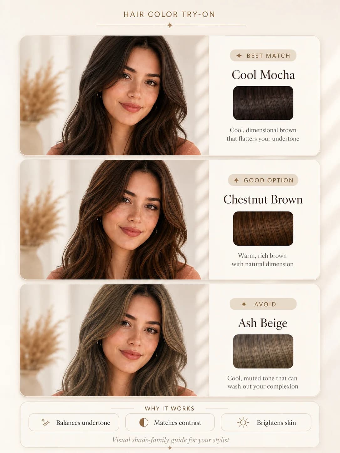 AI hair color try-on comparison card showing the same portrait with different hair colors