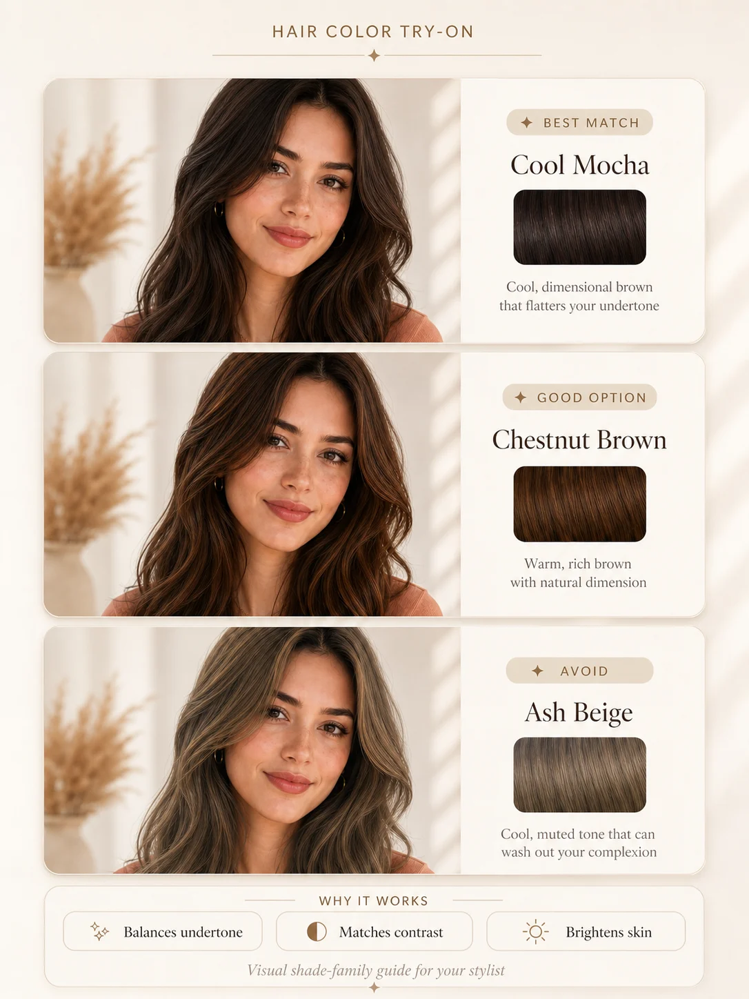 Hair color try-on comparison card for personal color analysis
