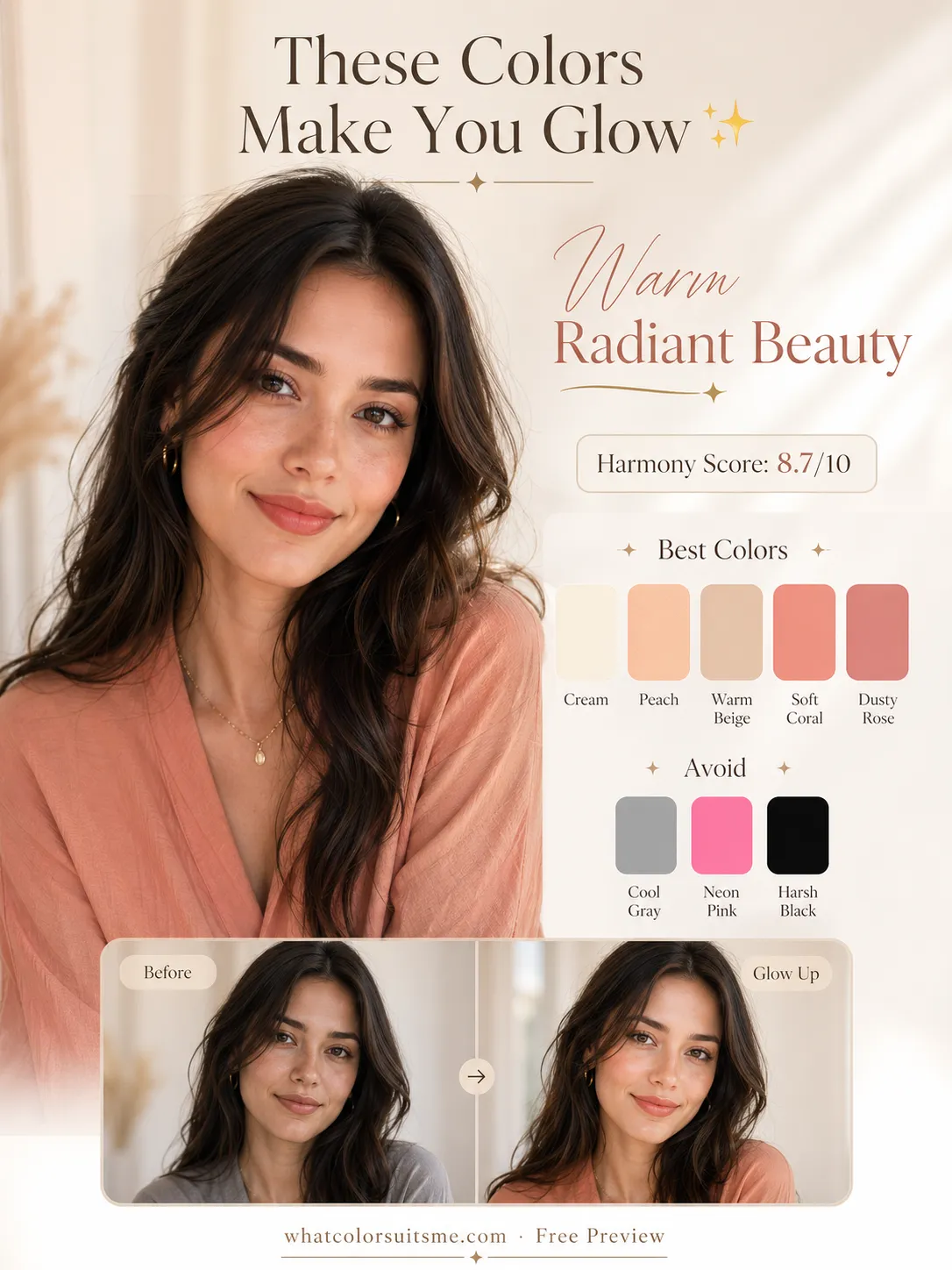 Shareable AI color analysis card with makeup and palette recommendations